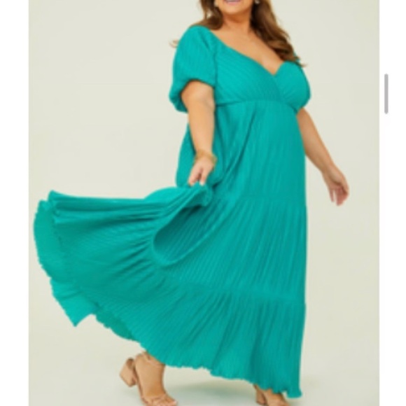 Arula Teal Accordion Pleated Tiered Milkmaid Maxi Dress Size 2X (B) - Picture 1 of 8